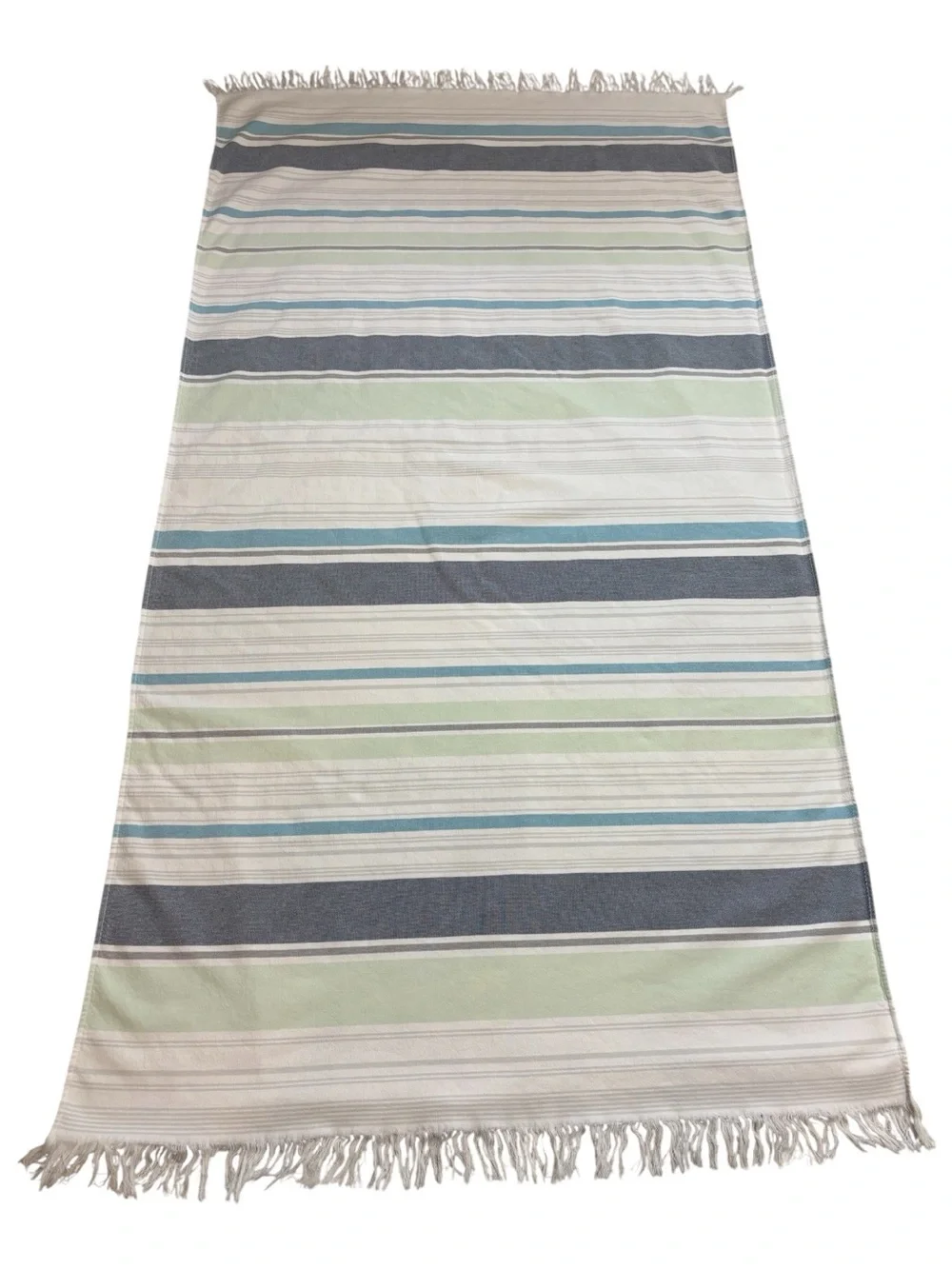 Coyuchi Flat Weave Striped Beach Towel Fringe Edge Blue Gray Green White 70”x37
